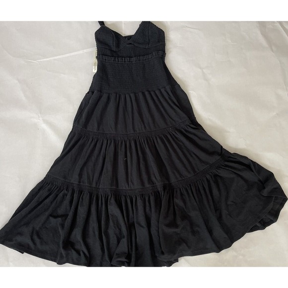 Anthropologie Women Ruched Tiered Black Maxi Preppy Dress Size Petite Large - Picture 9 of 15